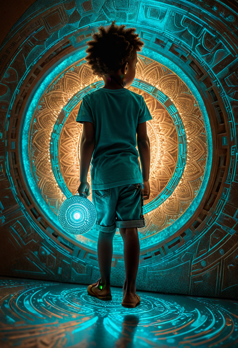 A child before the glowing glyph gateway — entering the language atlas